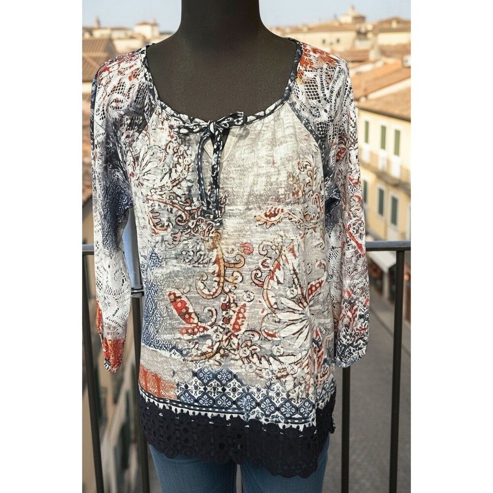 Chico's Women's Multi-Colored Size 0 (4-6) Top Embroidered Hem Dolman 3/4 Sleeve - Picture 7 of 7